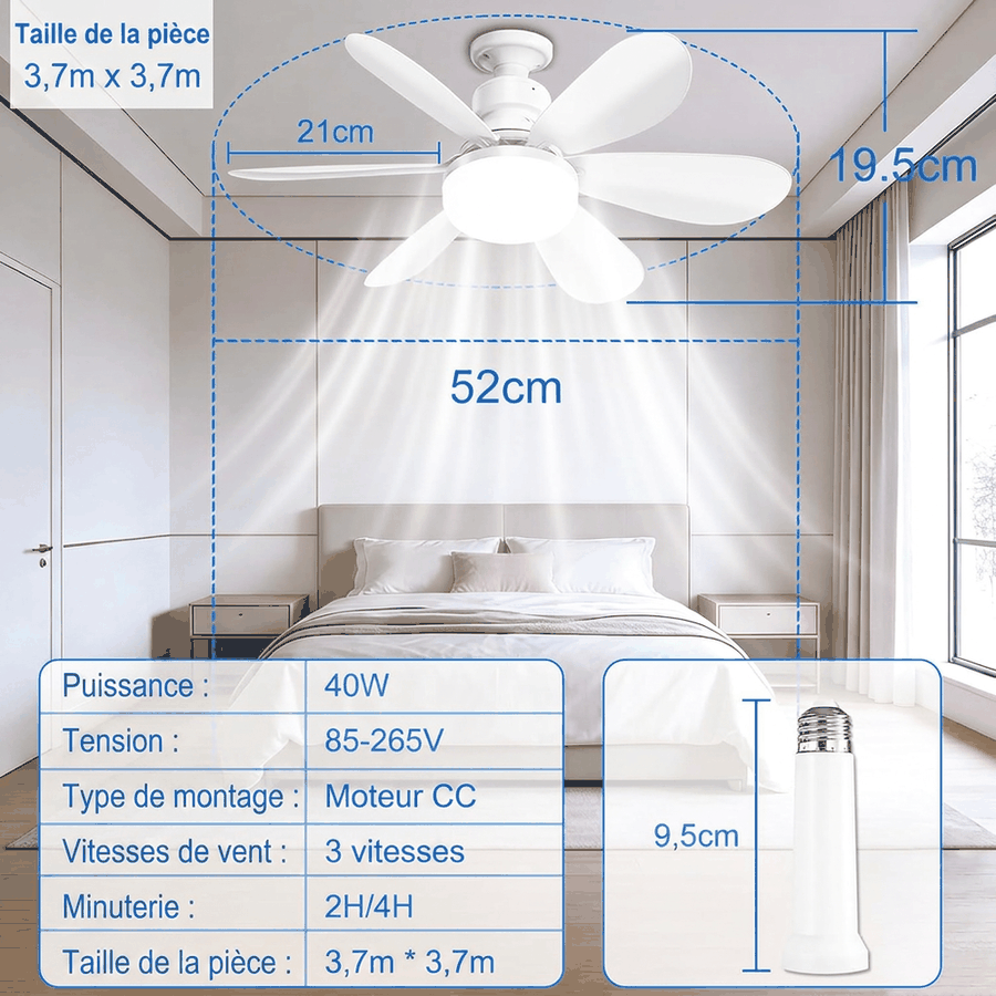 Schéma coté du ventilateur de plafond : 52 cm de diamètre, 19,5 cm de hauteur, pour une pièce de 3,7 m sur 3,7 m