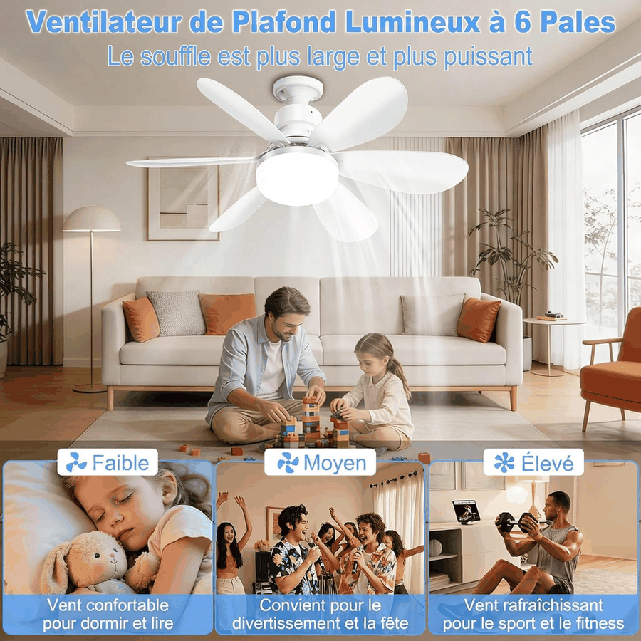 Ventilateur de plafond à 6 pales en fonctionnement dans un salon, avec ses 3 vitesses : faible pour dormir, moyenne pour recevoir, élevée pour le sport
